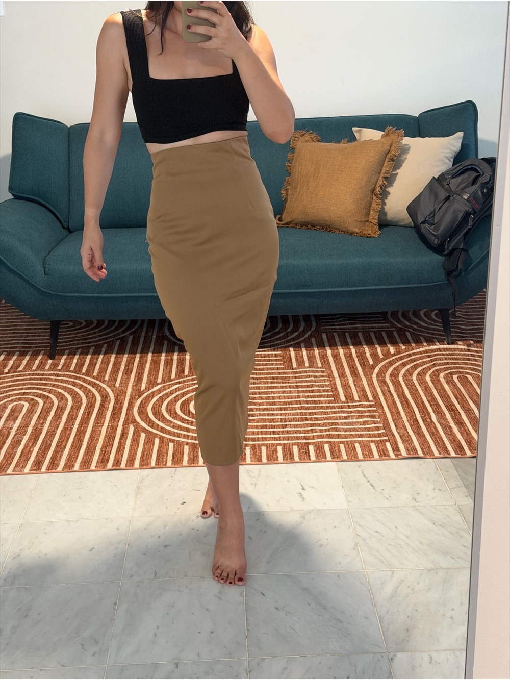 Giambattista Valli Tailored High-Waist Midi Skirt in Tan